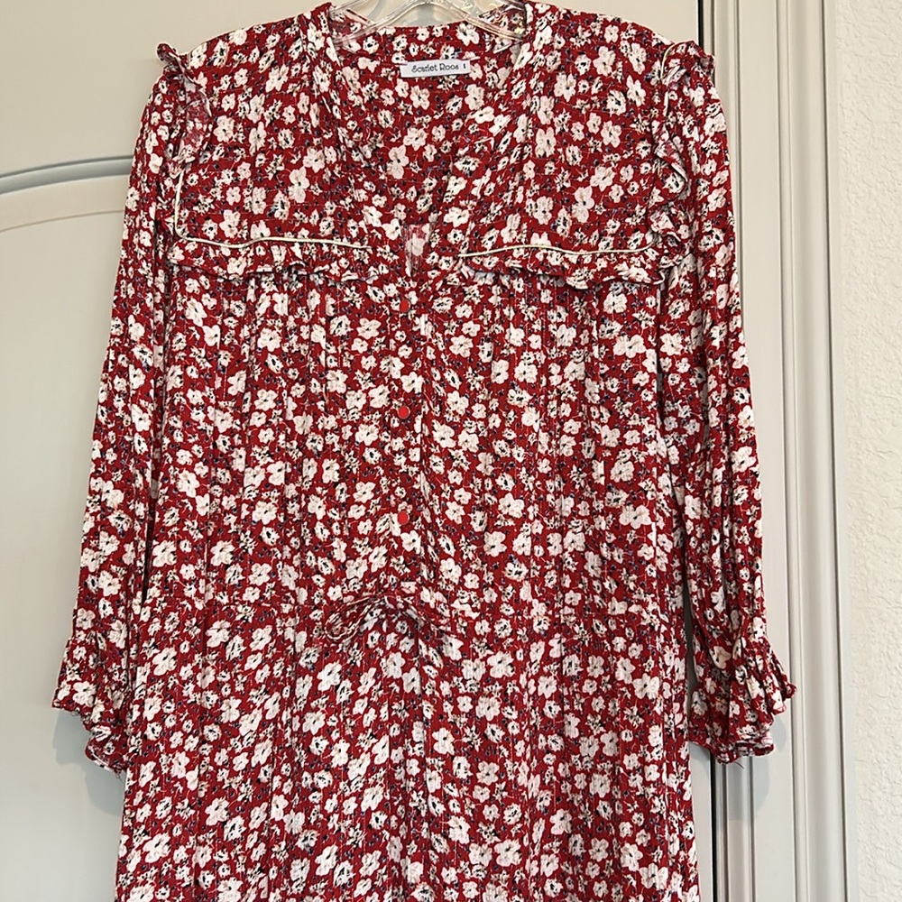 Scarlet Roos Red/Cream Tiered Long Sleeve Floral Maxi Dress